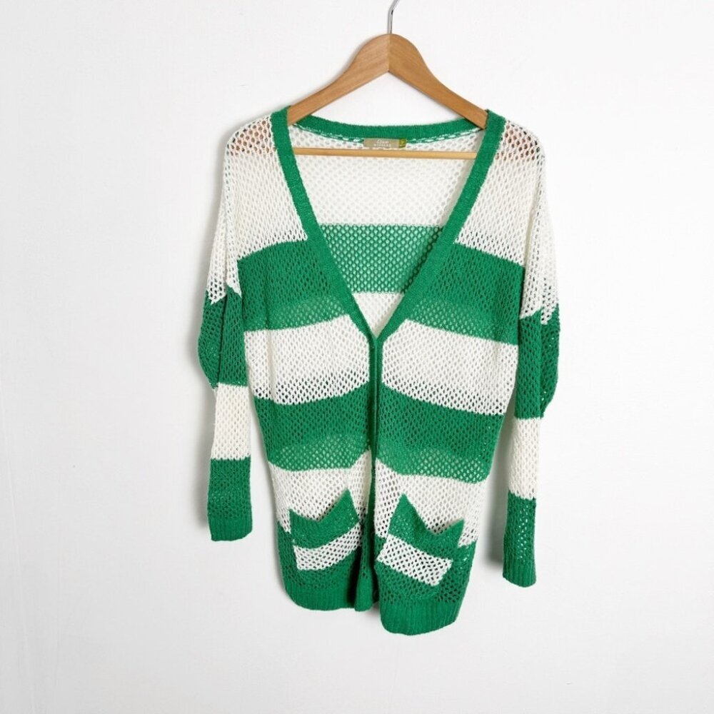 Etam Loose Knit Crochet Cardigan Green and White Stripe size